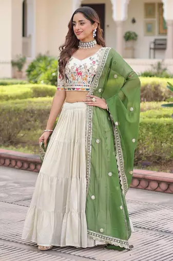 Cream Multi Thread Embroidery Zari Coding Sequins-Work Blended Cotton Semi Stitched Lehenga Set