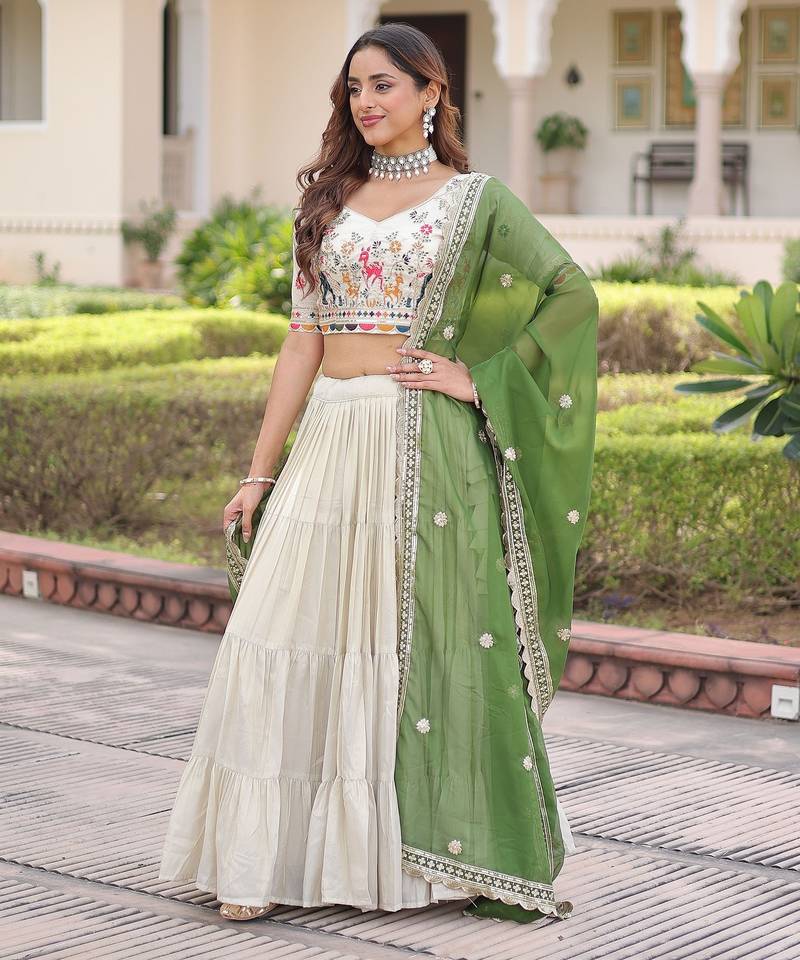 Cream Multi Thread Embroidery Zari Coding Sequins-Work Blended Cotton Semi Stitched Lehenga Set