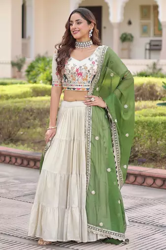 Cream Multi Thread Embroidery Zari Coding Sequins-Work Blended Cotton Semi Stitched Lehenga Set