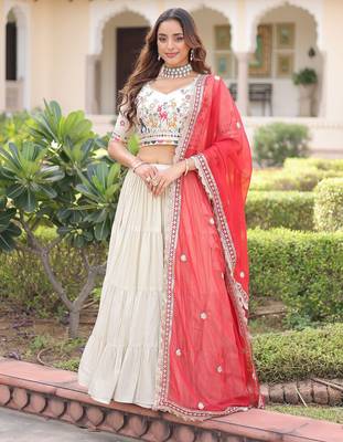 Cream Multi Thread Embroidery Zari Coding Sequins-Work Blended Cotton Semi Stitched Lehenga Set 1