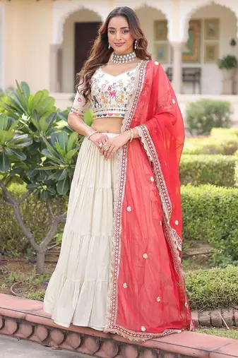 Cream Multi Thread Embroidery Zari Coding Sequins-Work Blended Cotton Semi Stitched Lehenga Set