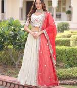 Cream Multi Thread Embroidery Zari Coding Sequins-Work Blended Cotton Semi Stitched Lehenga Set