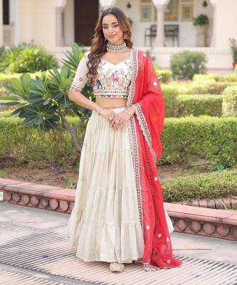 Cream Multi Thread Embroidery Zari Coding Sequins-Work Blended Cotton Semi Stitched Lehenga Set 2