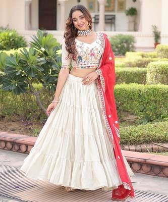 Cream Multi Thread Embroidery Zari Coding Sequins-Work Blended Cotton Semi Stitched Lehenga Set 3