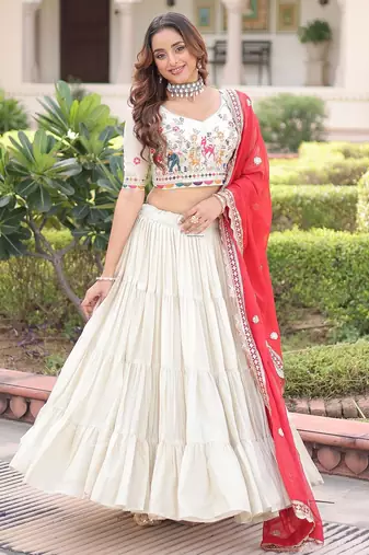 Cream Multi Thread Embroidery Zari Coding Sequins-Work Blended Cotton Semi Stitched Lehenga Set