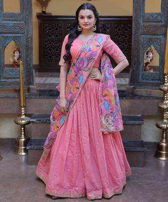 Peach Zari Sequins Embroidered Work Blended Cotton Semi Stitched Lehenga Set 1