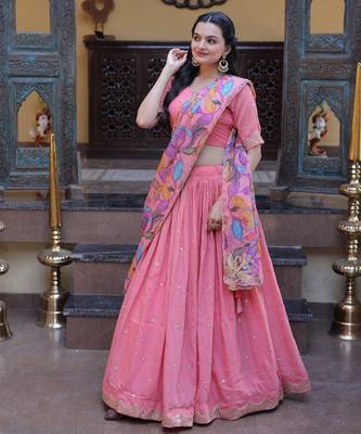Peach Zari Sequins Embroidered Work Blended Cotton Semi Stitched Lehenga Set 4