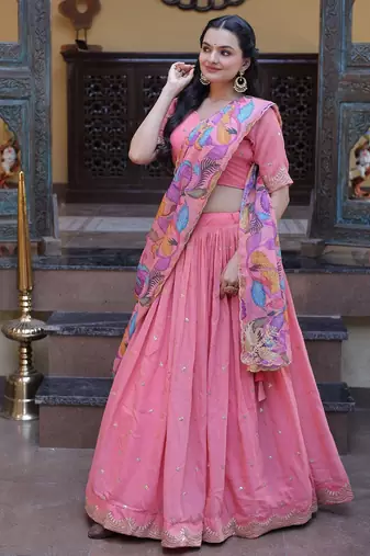 Peach Zari Sequins Embroidered Work Blended Cotton Semi Stitched Lehenga Set