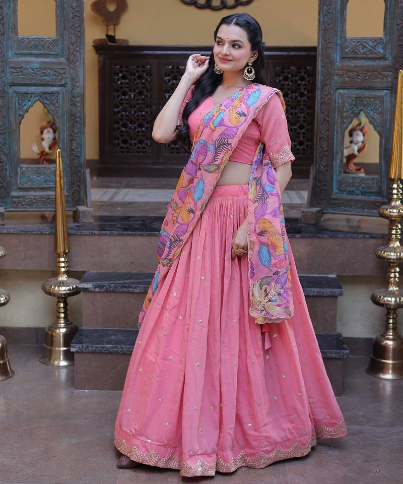 Peach Zari Sequins Embroidered Work Blended Cotton Semi Stitched Lehenga Set