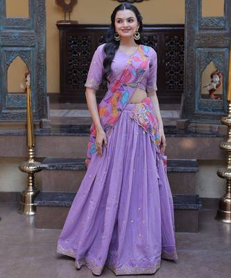 Purple Zari Sequins Embroidered Work Blended Cotton Semi Stitched Lehenga Set 1
