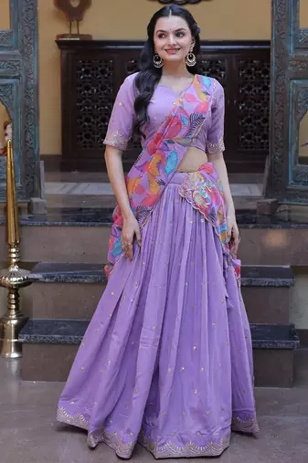 Purple Zari Sequins Embroidered Work Blended Cotton Semi Stitched Lehenga Set