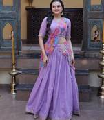Purple Zari Sequins Embroidered Work Blended Cotton Semi Stitched Lehenga Set