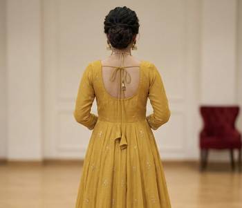 Mustard yellow thread sequins embroidered cosmo anarkali suit with pants & dupatta 3