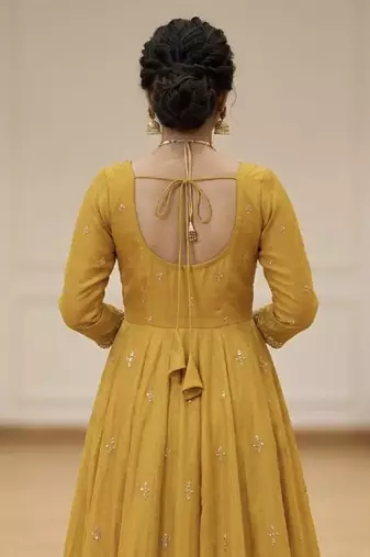 Mustard yellow thread sequins embroidered cosmo anarkali suit with pants & dupatta