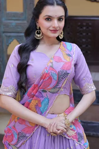 Purple Zari Sequins Embroidered Work Blended Cotton Semi Stitched Lehenga Set