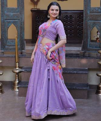 Purple Zari Sequins Embroidered Work Blended Cotton Semi Stitched Lehenga Set 3