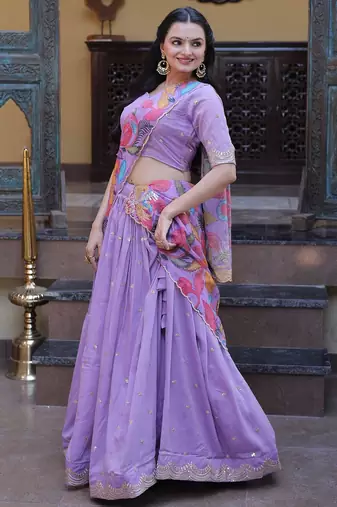 Purple Zari Sequins Embroidered Work Blended Cotton Semi Stitched Lehenga Set