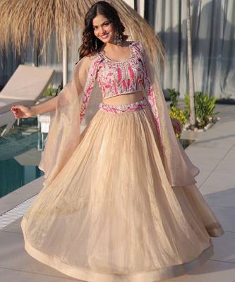 Cream Beads Embroidered Work Blended Cotton Semi Stitched Lehenga Set 1