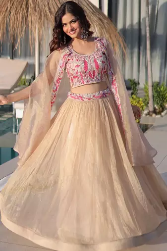 Cream Beads Embroidered Work Blended Cotton Semi Stitched Lehenga Set