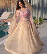 Cream Beads Embroidered Work Blended Cotton Semi Stitched Lehenga Set