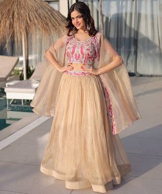 Cream Beads Embroidered Work Blended Cotton Semi Stitched Lehenga Set 2