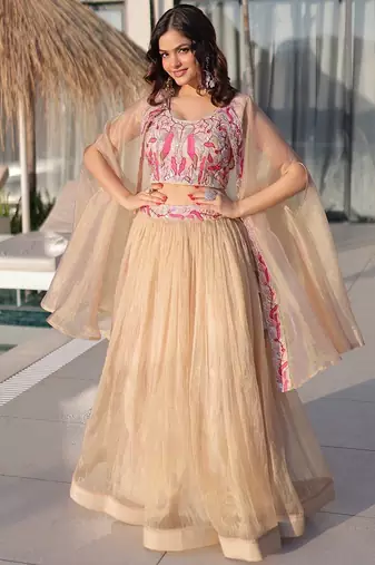 Cream Beads Embroidered Work Blended Cotton Semi Stitched Lehenga Set
