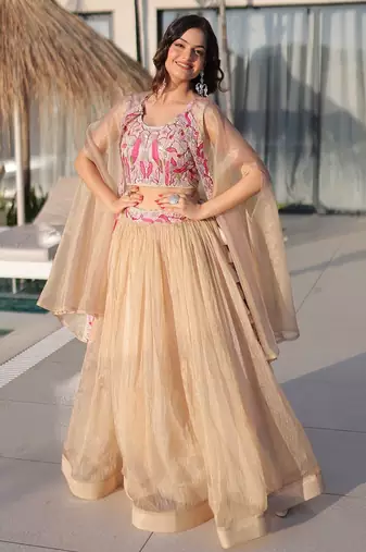 Cream Beads Embroidered Work Blended Cotton Semi Stitched Lehenga Set