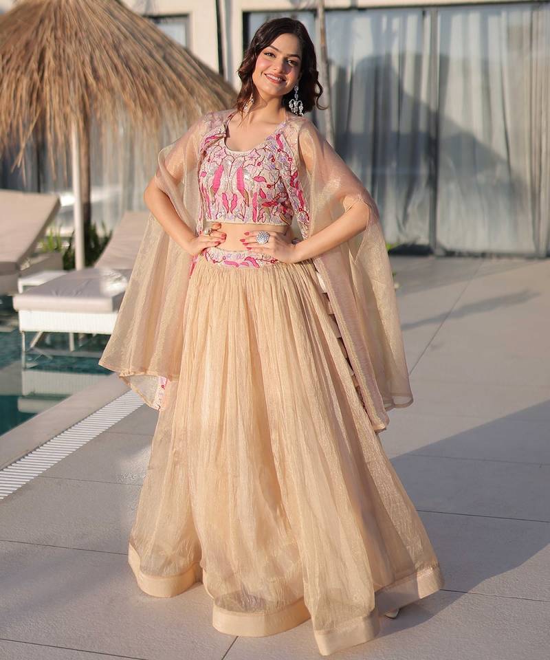 Cream Beads Embroidered Work Blended Cotton Semi Stitched Lehenga Set
