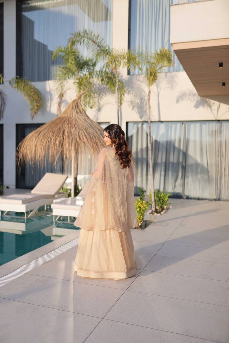 Cream Beads Embroidered Work Blended Cotton Semi Stitched Lehenga Set