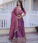 Pink Multi Thread Embroidery Zari Sequins-Work Blended Cotton Semi Stitched Lehenga Set