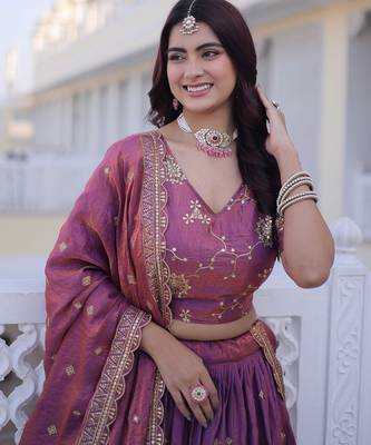 Pink Multi Thread Embroidery Zari Sequins-Work Blended Cotton Semi Stitched Lehenga Set 2