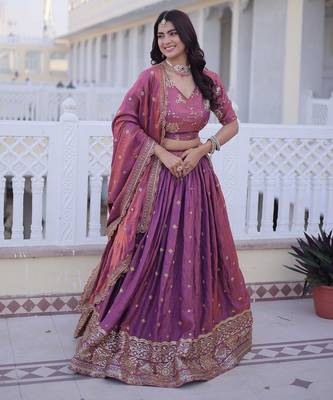Pink Multi Thread Embroidery Zari Sequins-Work Blended Cotton Semi Stitched Lehenga Set 3