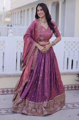 Pink Multi Thread Embroidery Zari Sequins-Work Blended Cotton Semi Stitched Lehenga Set