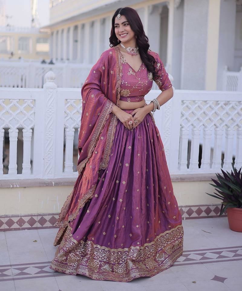 Pink Multi Thread Embroidery Zari Sequins-Work Blended Cotton Semi Stitched Lehenga Set