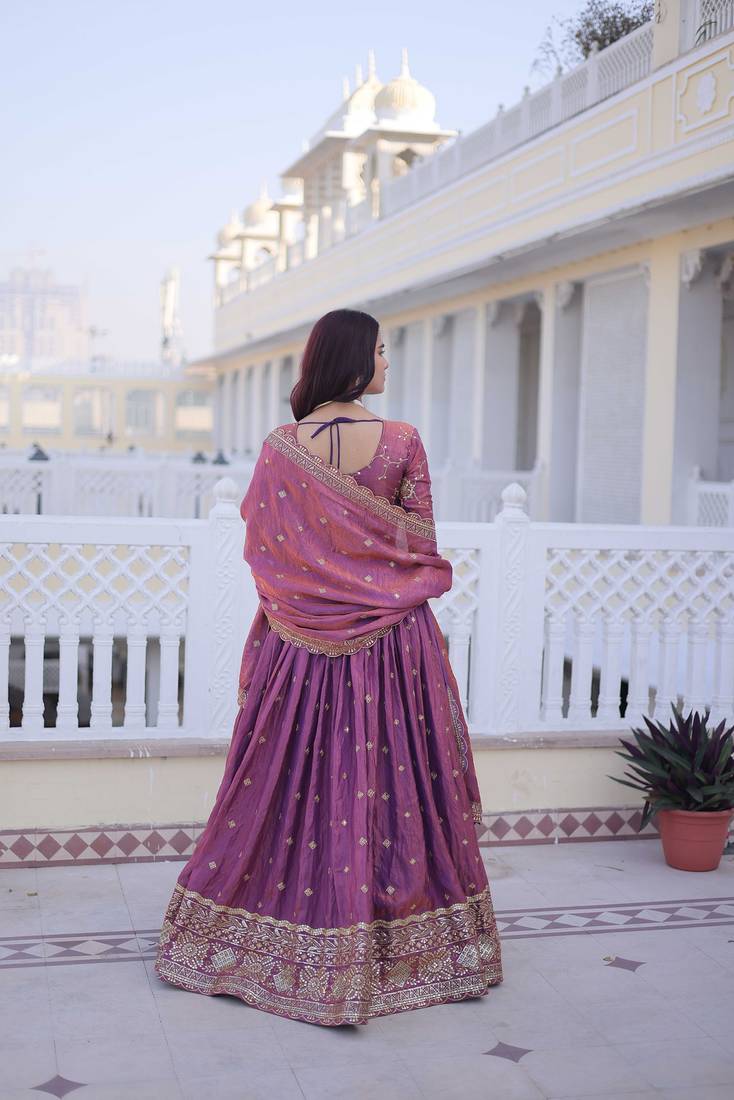 Pink Multi Thread Embroidery Zari Sequins-Work Blended Cotton Semi Stitched Lehenga Set