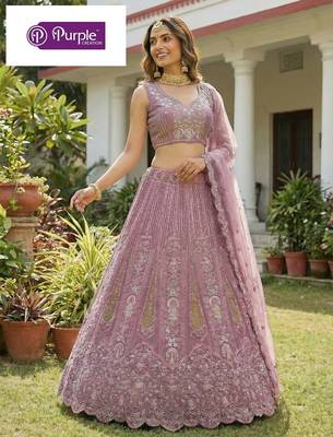 Purple Jari Dori Thread Sequence Embroidery With Zircon Diamond Work Bridal Net Semi Stitched Lehenga Set 1