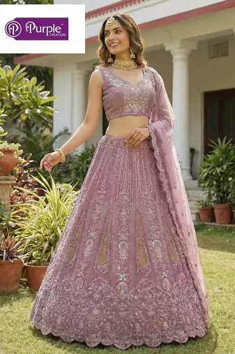 Purple Jari Dori Thread Sequence Embroidery With Zircon Diamond Work Bridal Net Semi Stitched Lehenga Set