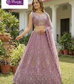 Purple Jari Dori Thread Sequence Embroidery With Zircon Diamond Work Bridal Net Semi Stitched Lehenga Set