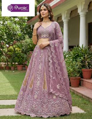 Purple Jari Dori Thread Sequence Embroidery With Zircon Diamond Work Bridal Net Semi Stitched Lehenga Set 2