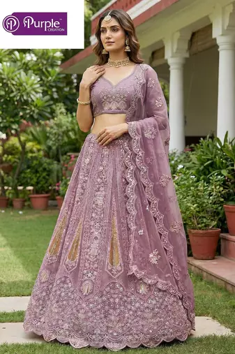 Purple Jari Dori Thread Sequence Embroidery With Zircon Diamond Work Bridal Net Semi Stitched Lehenga Set