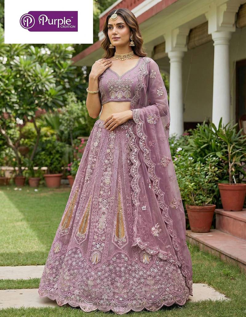 Purple Jari Dori Thread Sequence Embroidery With Zircon Diamond Work Bridal Net Semi Stitched Lehenga Set