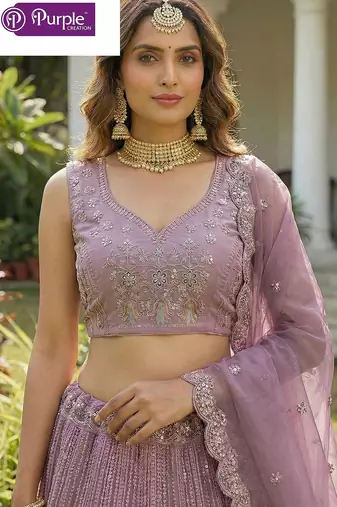 Purple Jari Dori Thread Sequence Embroidery With Zircon Diamond Work Bridal Net Semi Stitched Lehenga Set