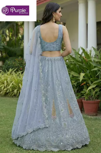 Firozi Jari Dori Thread Sequence Embroidery With Zircon Diamond Work Bridal Net Semi Stitched Lehenga Set