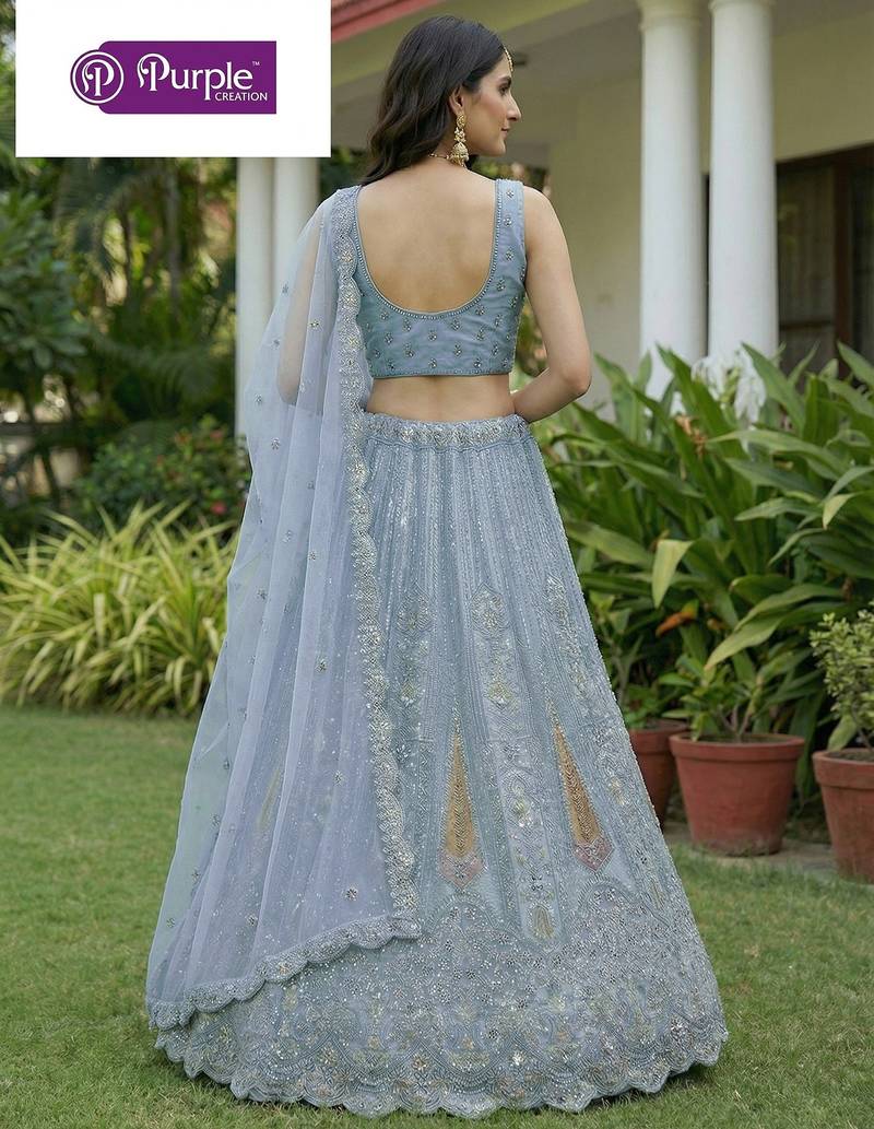 Firozi Jari Dori Thread Sequence Embroidery With Zircon Diamond Work Bridal Net Semi Stitched Lehenga Set