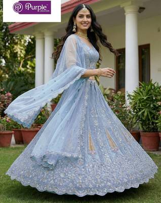 Firozi Jari Dori Thread Sequence Embroidery With Zircon Diamond Work Bridal Net Semi Stitched Lehenga Set 2