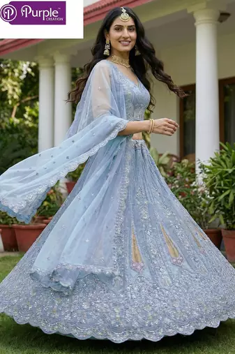 Firozi Jari Dori Thread Sequence Embroidery With Zircon Diamond Work Bridal Net Semi Stitched Lehenga Set