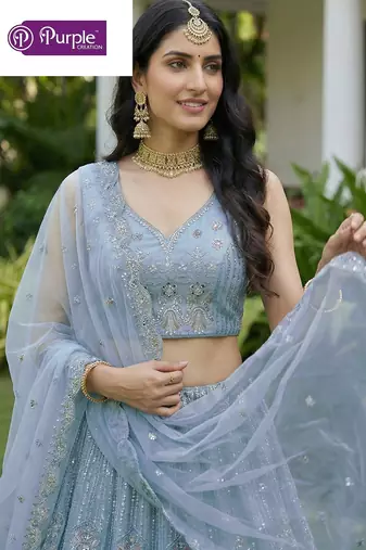 Firozi Jari Dori Thread Sequence Embroidery With Zircon Diamond Work Bridal Net Semi Stitched Lehenga Set
