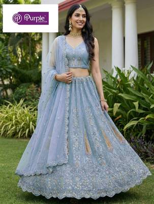 Firozi Jari Dori Thread Sequence Embroidery With Zircon Diamond Work Bridal Net Semi Stitched Lehenga Set 4