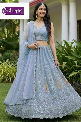 Firozi Jari Dori Thread Sequence Embroidery With Zircon Diamond Work Bridal Net Semi Stitched Lehenga Set