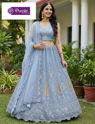 Firozi Jari Dori Thread Sequence Embroidery With Zircon Diamond Work Bridal Net Semi Stitched Lehenga Set 5